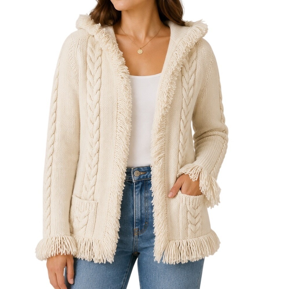 Lema‎ Lema Wilian Fernando Cream Cable Knit Fringe Hooded Cardigan